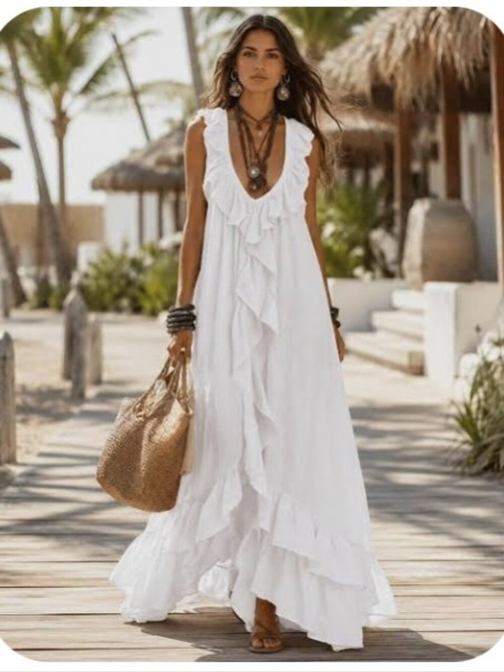 White Bohemian Linen Ruffle V-Neck Light Weight Maxi Dress/Cover Up Medium